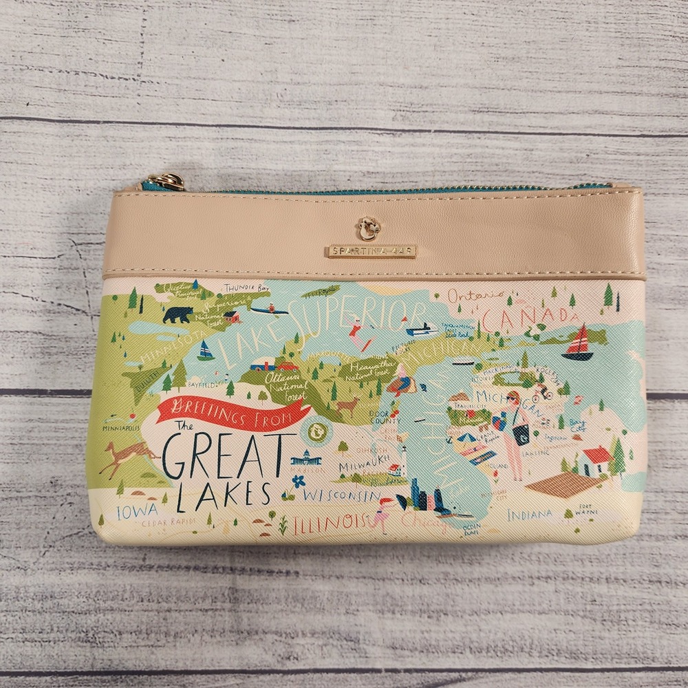 Spartina 449 Greetings From The Great Lakes Map Pouch Wristlet Cream Multicolor